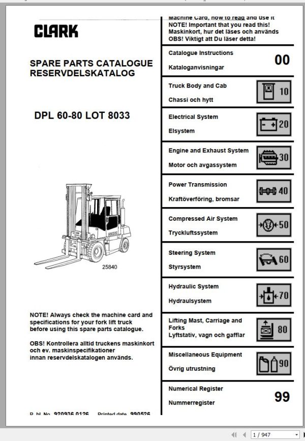 Clark Forklift DPL 60 80 8033 Parts Manual 990520 EN SV