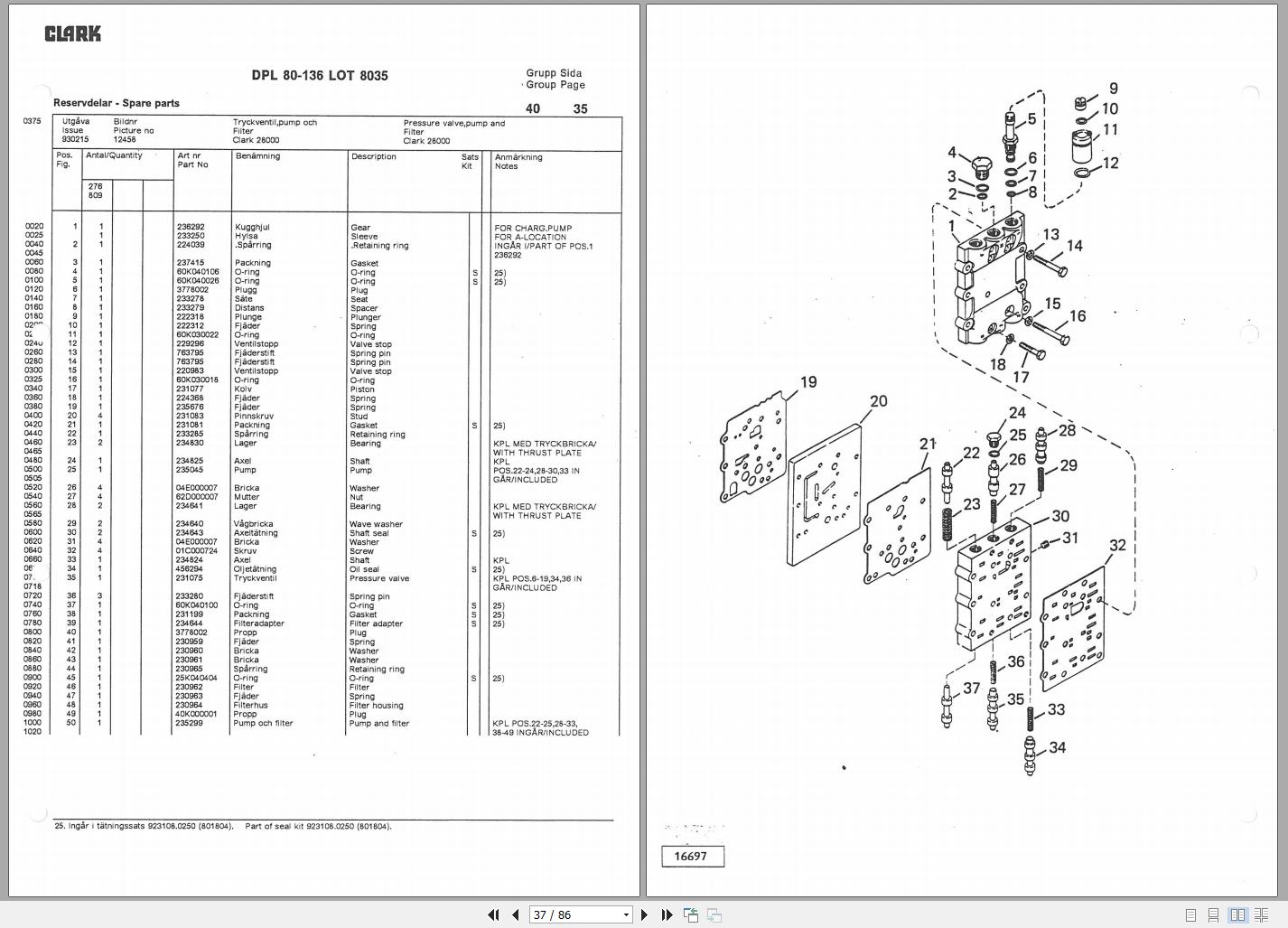 Clark Forklift DPL 80 136 8035 Parts Manual EN SV