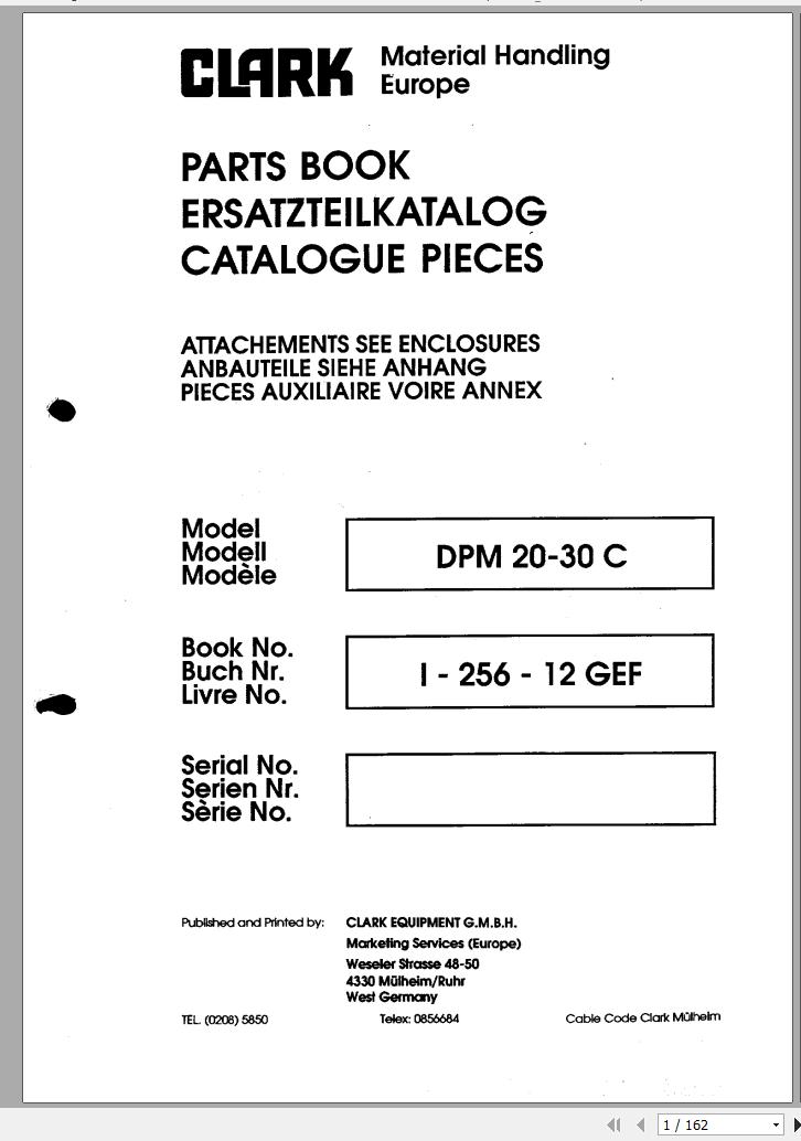 Clark Forklift DPM 20 30 C Parts Manual I 256 12 GEF EN DE FR