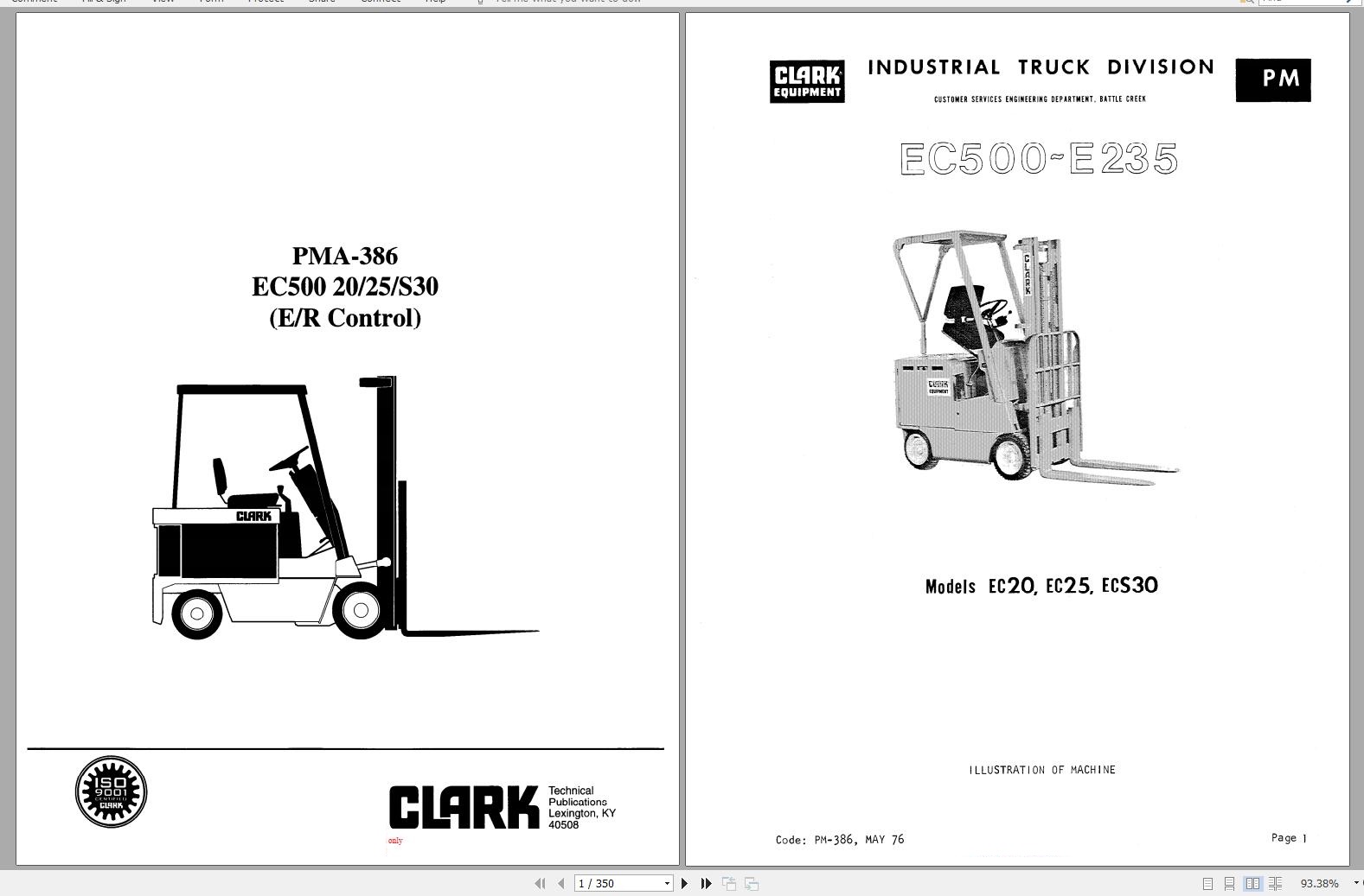 Clark Forklift EC500 20 25 S30 Planned Maintenance Adjustment Procedures PMA 386