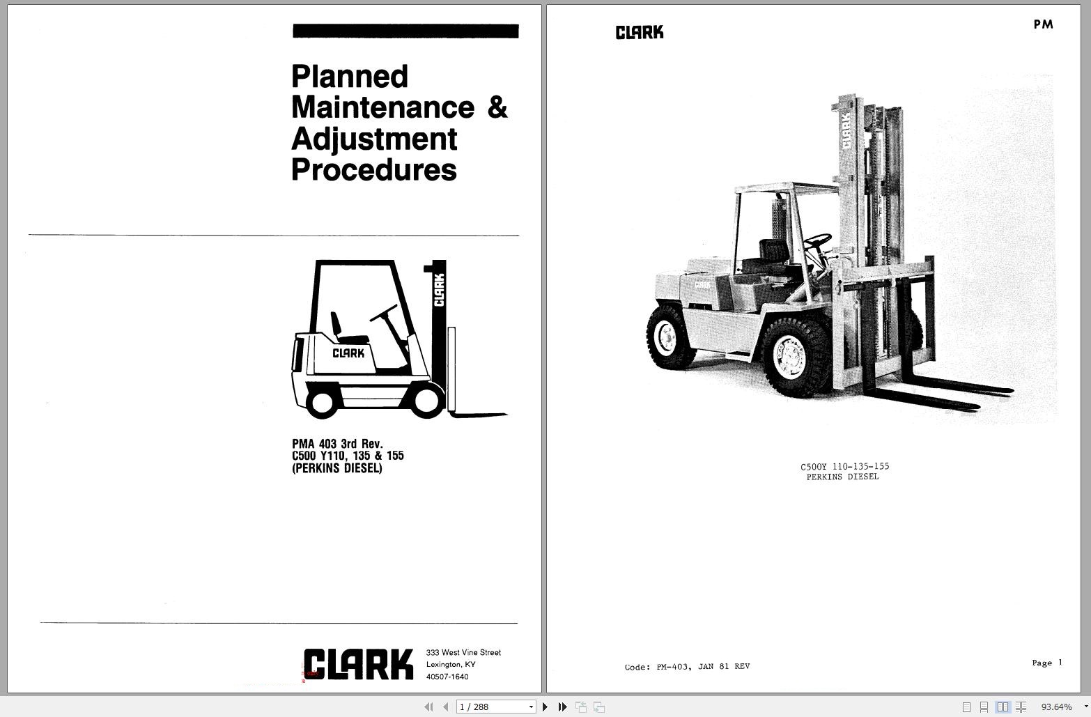 Clark Forklift EC500 Y110 135 155 Planned Maintenance Adjustment Procedures PMA 403