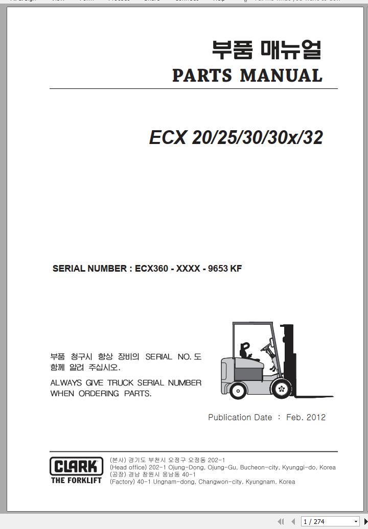 Clark Forklift ECX 20 25 30 30x 32 ECX360 9653 KF Parts Manual 02.2012 EN KR