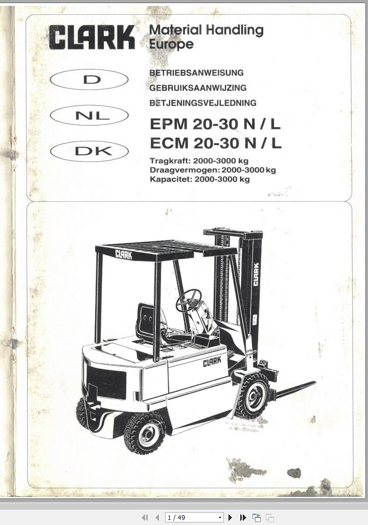 Clark Forklift EPM ECM 20 30 N L Operator Manual OI 727 GEF DE NL DK