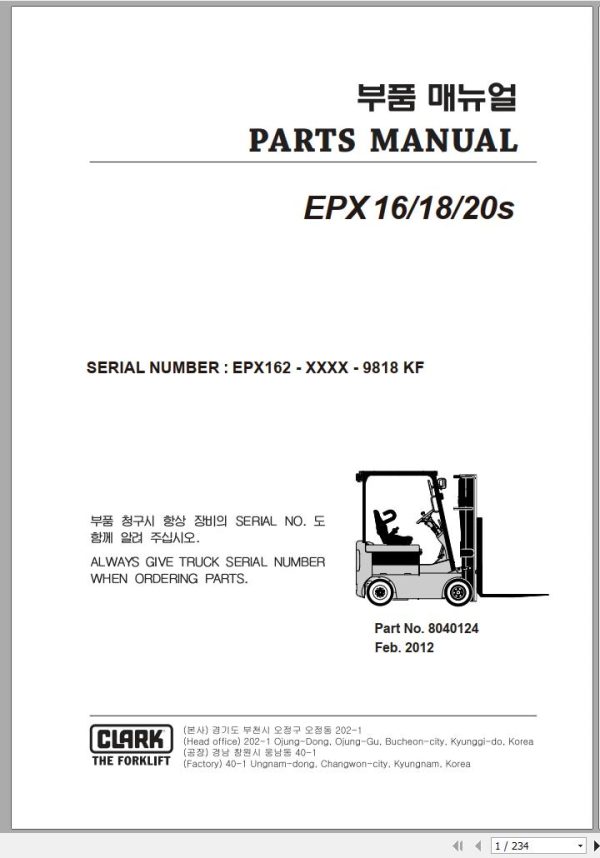 Clark Forklift EPX 16 18 20s EPX162 9818 KF Parts Manual 8040124 02.2012 EN KR