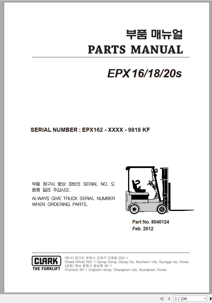 Clark Forklift EPX 16 18 20s EPX162 9818 KF Parts Manual 8040124 02.2012 EN KR