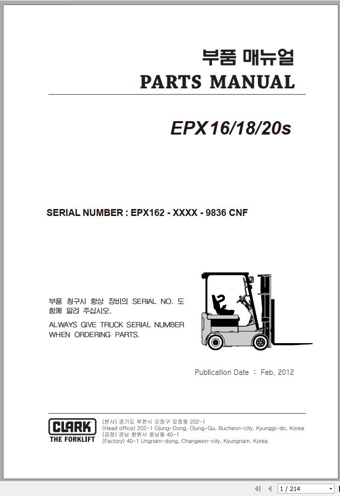 Clark Forklift EPX 16 18 20s EPX162 9836 CNF Parts Manual 02.2012 EN KR