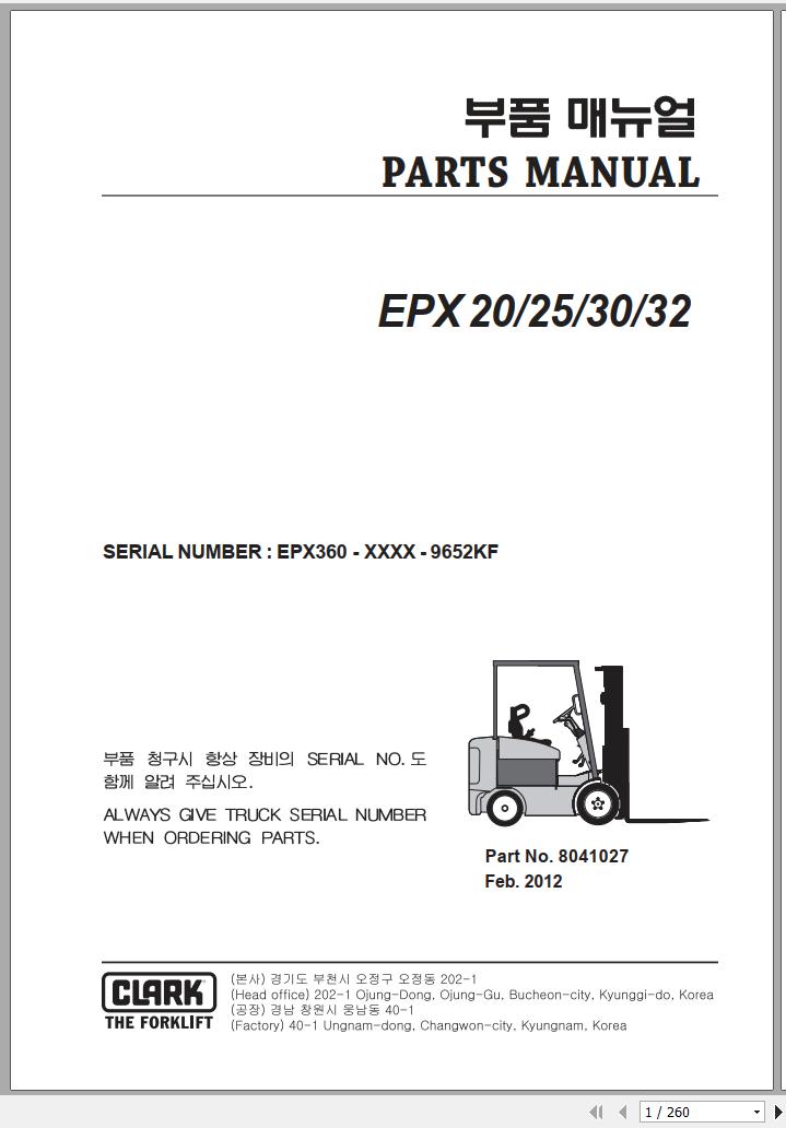 Clark Forklift EPX 20 25 30 32 EPX360 9652KF Parts Manual 8041027 02.2012 EN KR