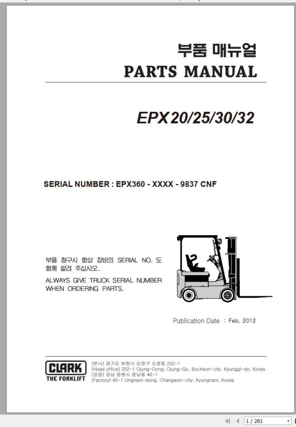 Clark Forklift EPX 20 25 30 32 EPX360 9837 CNF Parts Manual 02.2012 EN KR