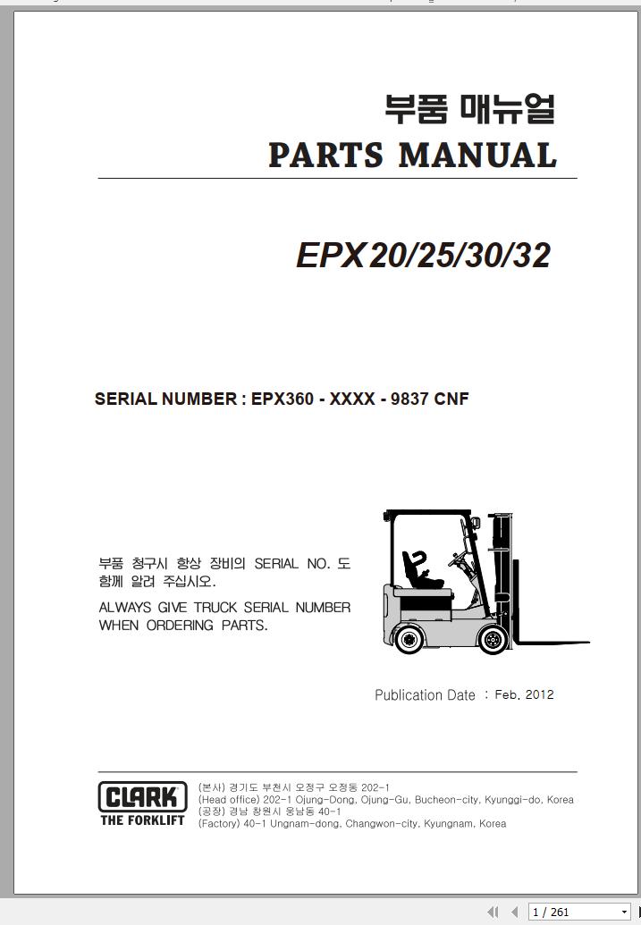 Clark Forklift EPX 20 25 30 32 EPX360 9837 CNF Parts Manual 02.2012 EN KR