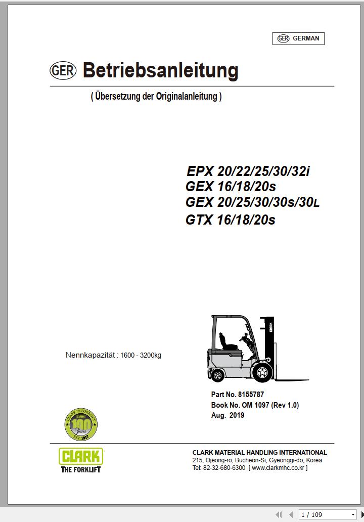 Clark Forklift EPX GEX GTX 16 32i Operator Manual 8155787 OM 1097 08.2019 DE