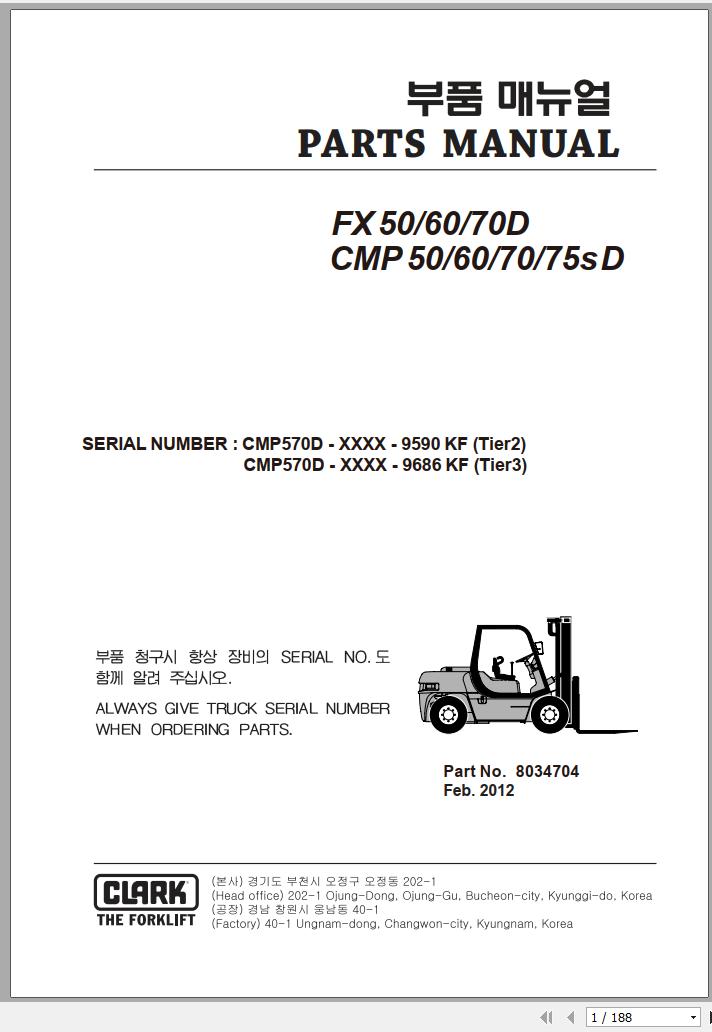Clark Forklift FX CMP 50 75s D CMP570D 9590 9686 KF Parts Manual 8034704 02.2012 EN KR
