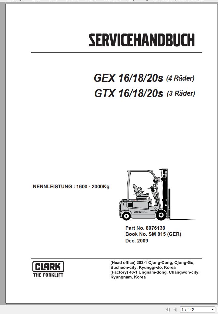 Clark Forklift GEX 16 18 20s 4 Wheels Service Manual 8076138 SM 815 12.2009 DE