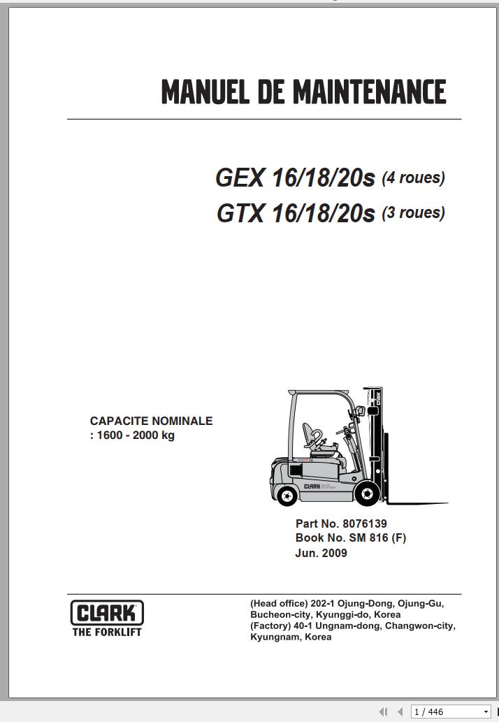 Clark Forklift GEX 16 18 20s 4 Wheels Service Manual 8076139 SM 816 12.2009 FR