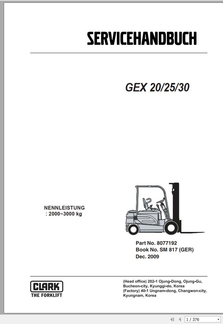 Clark Forklift GEX 20 25 30 Service Manual 8077192 SM 817 12.2009 DE