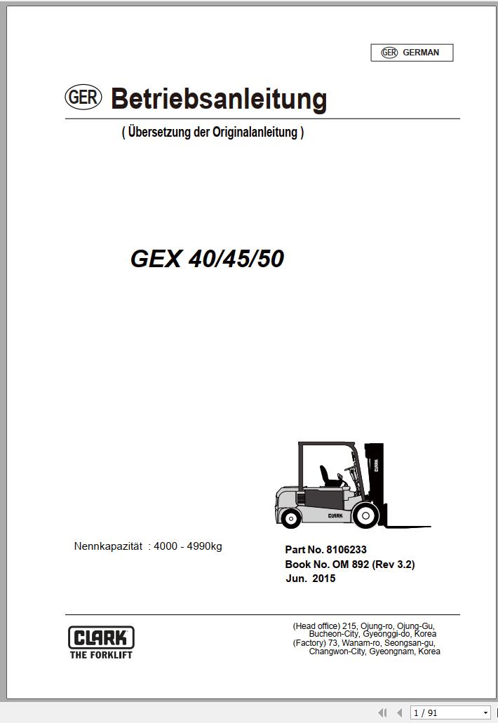 Clark Forklift GEX 40 45 50 Operator Manual 8106233 OM 892 06.2015 DE
