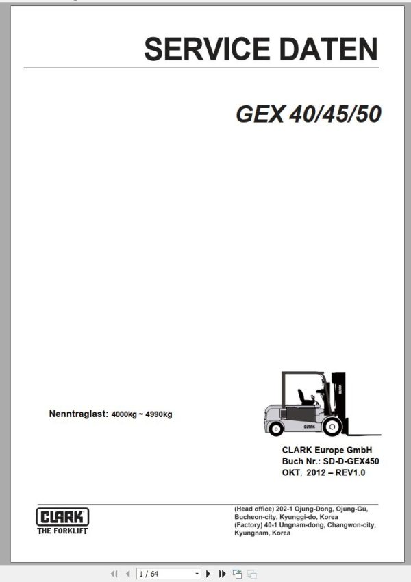 Clark Forklift GEX 40 45 50 Service Data SD D GEX450 10.2012 DE