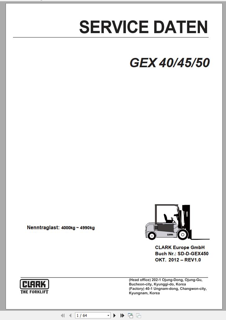 Clark Forklift GEX 40 45 50 Service Data SD D GEX450 10.2012 DE