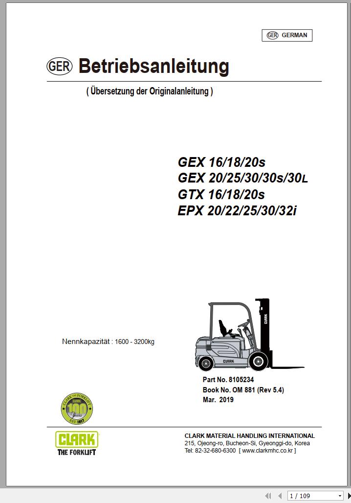 Clark Forklift GEX GTX EPX 16 32i Operator Manual 8105234 OM 881 03.2019 DE