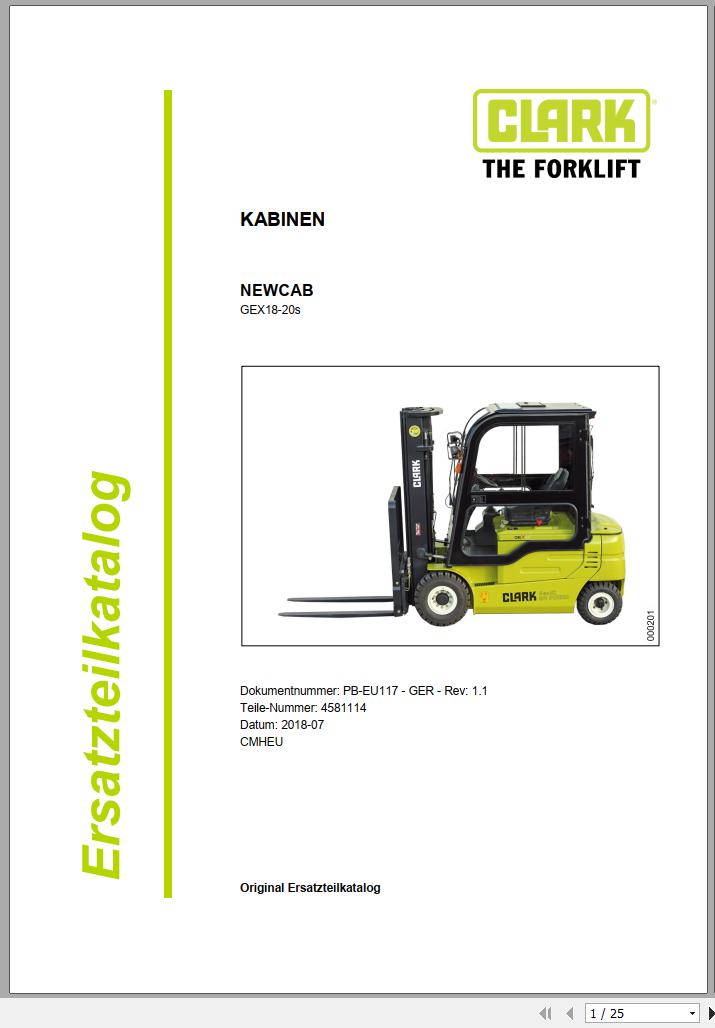 Clark Forklift GEX18 GEX20s Cabin Parts Manual 4581114 PB EU117 07.2018 DE