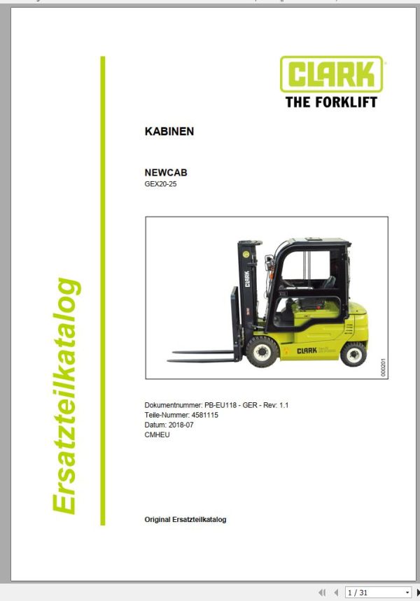 Clark Forklift GEX20 GEX25 Cabin Parts Manual 4581115 PB EU118 07.2018 DE