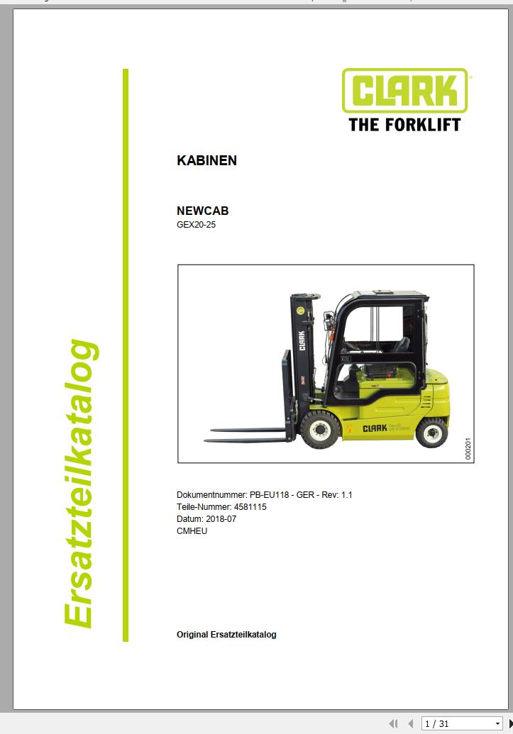 Clark Forklift GEX20 GEX25 Cabin Parts Manual 4581115 PB EU118 07.2018 DE