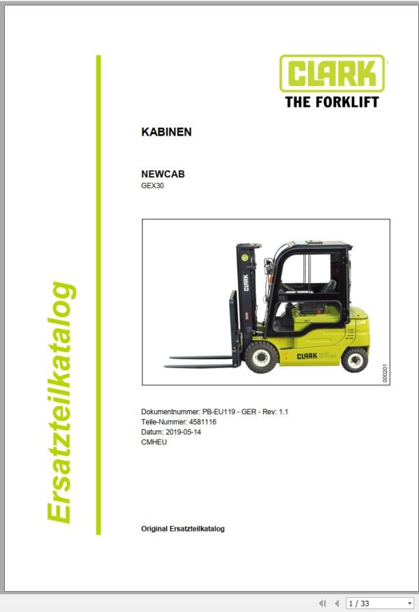 Clark Forklift GEX30 Cabin Parts Manual 4581116 PB EU119 05.2019 DE