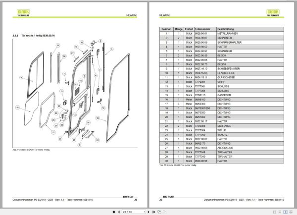 Clark Forklift GEX30 Cabin Parts Manual 4581116 PB EU119 05.2019 DE 1