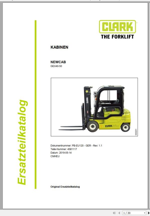 Clark Forklift GEX40 GEX50 Cabin Parts Manual 4581117 PB EU120 05.2019 DE
