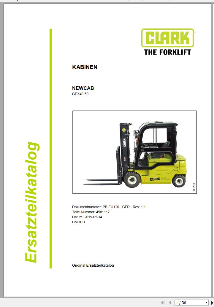 Clark Forklift GEX40 GEX50 Cabin Parts Manual 4581117 PB EU120 05.2019 DE