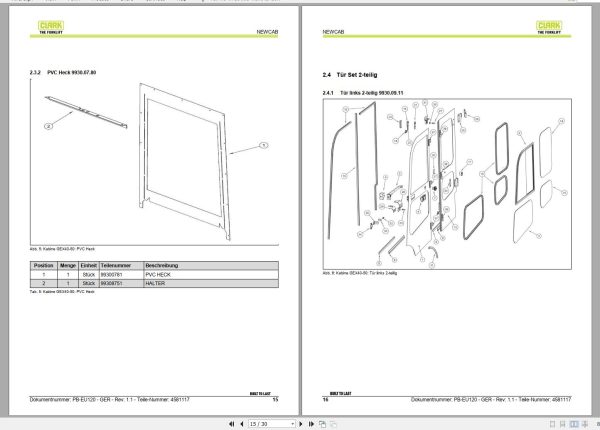 Clark Forklift GEX40 GEX50 Cabin Parts Manual 4581117 PB EU120 05.2019 DE 1