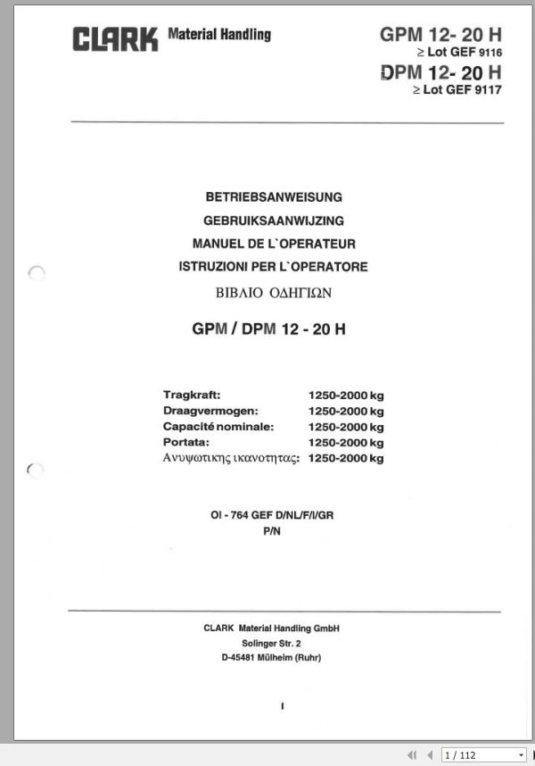 Clark Forklift GPM DPM 12 20 H GEF 9116 9117 Operator Manual OI 764 GEF DE NL FR IT GR