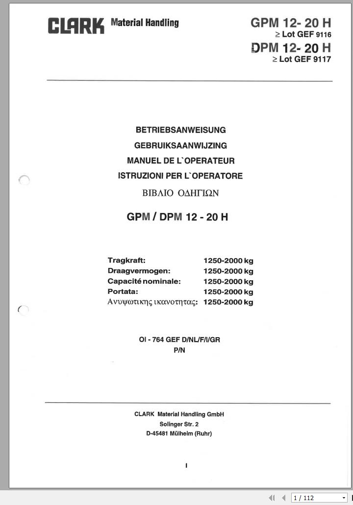 Clark Forklift GPM DPM 12 20 H GEF 9116 9117 Operator Manual OI 764 GEF DE NL FR IT GR