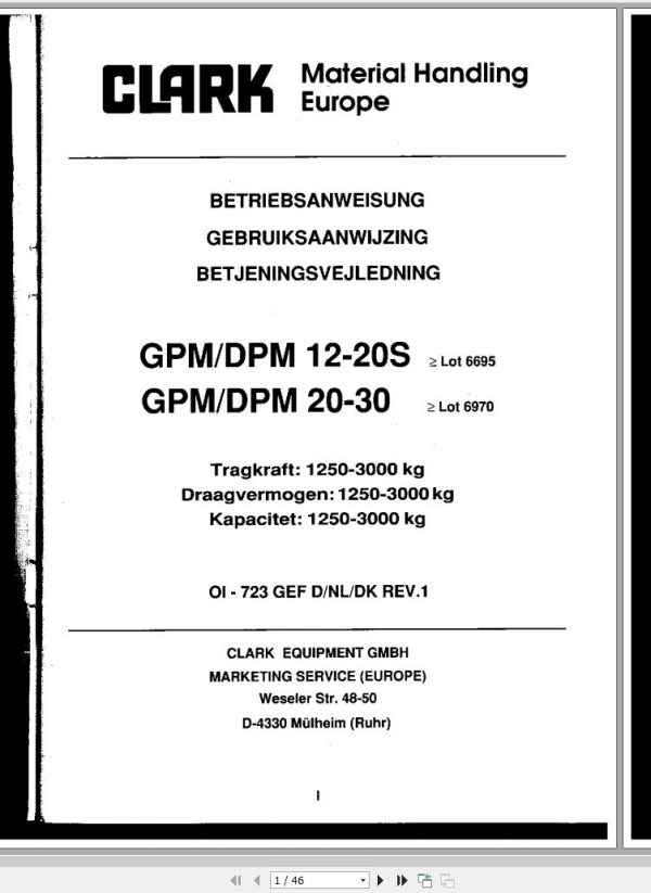 Clark Forklift GPM DPM 12 20S 20 30 6695 6970 Operator Manual OI 723 GEF DE NL DK