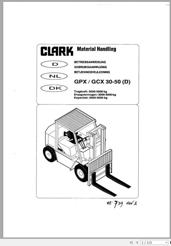 Clark Forklift GPX GCX 30 50 D Operator Manual OI 739 GEF DE NL DK