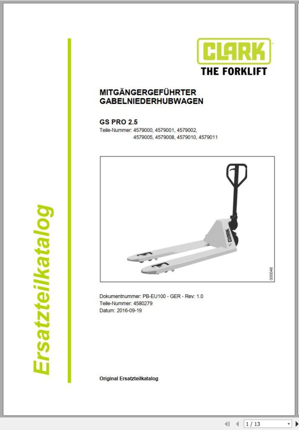 Clark Forklift GS PRO 2.5 4579000 4579011 Parts Manual 4580279 PB EU100 09.2016 DE