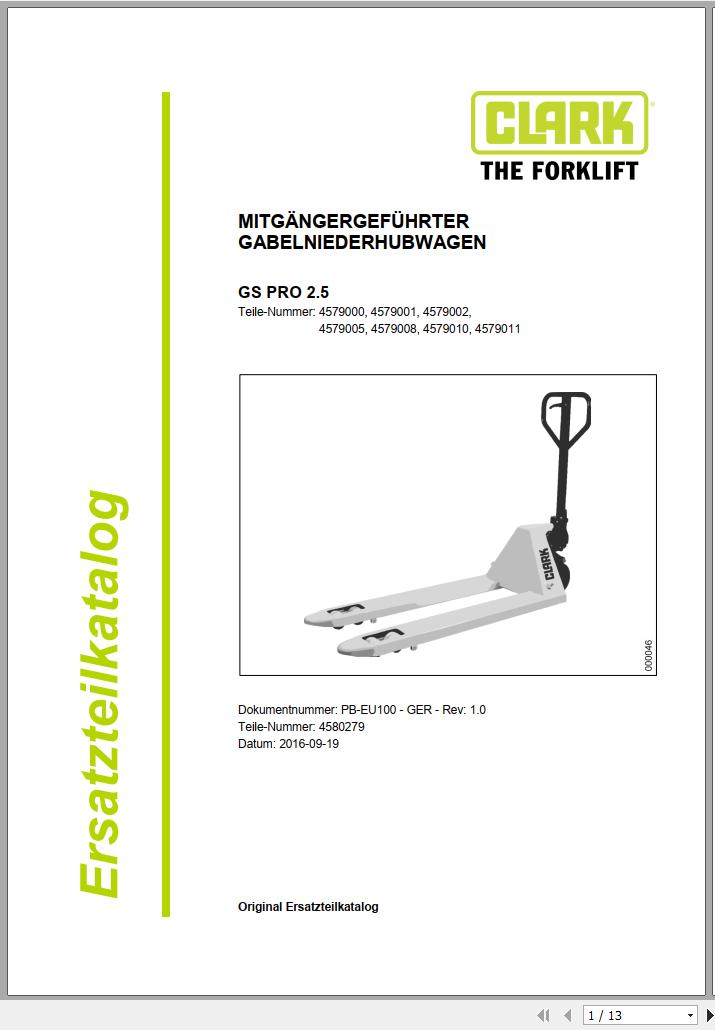Clark Forklift GS PRO 2.5 4579000 4579011 Parts Manual 4580279 PB EU100 09.2016 DE