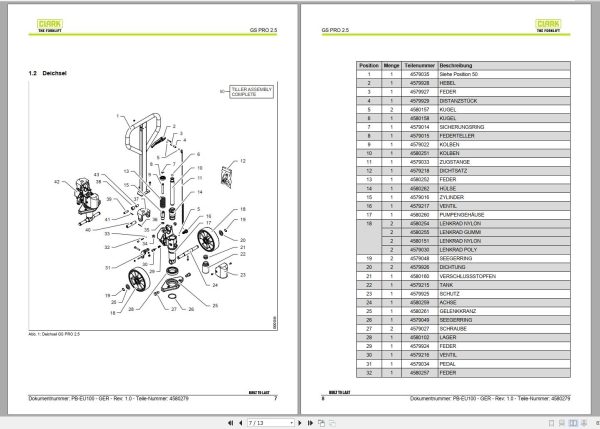 Clark Forklift GS PRO 2.5 4579000 4579011 Parts Manual 4580279 PB EU100 09.2016 DE 1