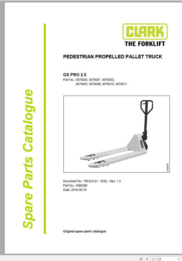 Clark Forklift GS PRO 2.5 4579000 4579011 Parts Manual 4580280 PB EU101 09.2016