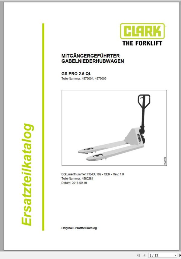 Clark Forklift GS PRO 2.5 QL 4579004 4579009 Parts Manual 4580281 PB EU102 09.2016 DE