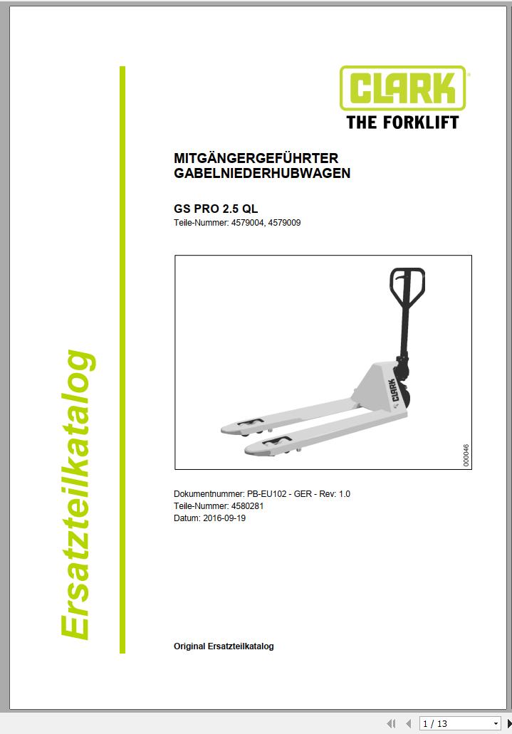 Clark Forklift GS PRO 2.5 QL 4579004 4579009 Parts Manual 4580281 PB EU102 09.2016 DE