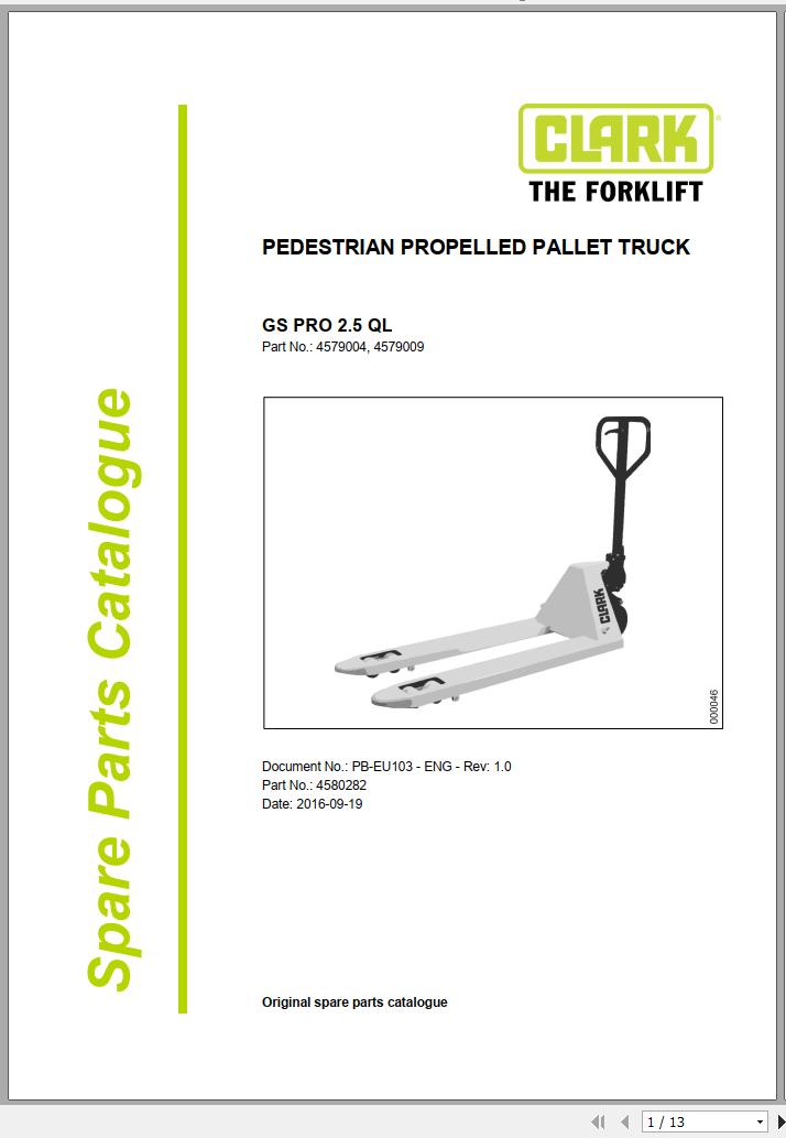 Clark Forklift GS PRO 2.5 QL 4579004 4579009 Parts Manual 4580282 PB EU103 09.2016