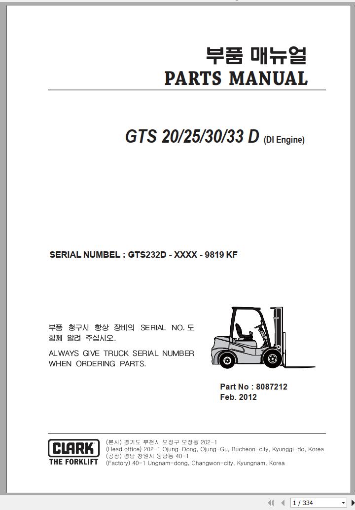 Clark Forklift GTS 20 25 30 33 D GTS232D 9819 KF Parts Manual 8087212 02.2012 EN KR