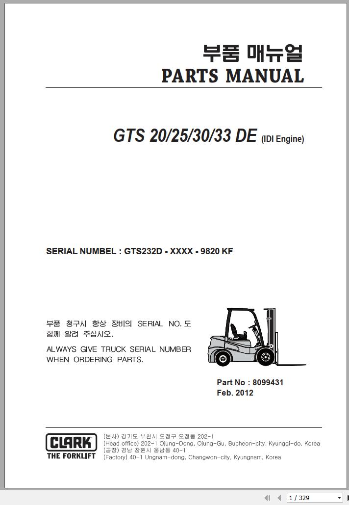 Clark Forklift GTS 20 25 30 33 DE GTS232D 9820 KF Parts Manual 8099431 02.2012 EN KR
