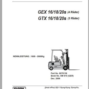 Clark Forklift GTX 16 18 20s 3 Wheels Service Manual 8076138 SM 815 12.2009 DE