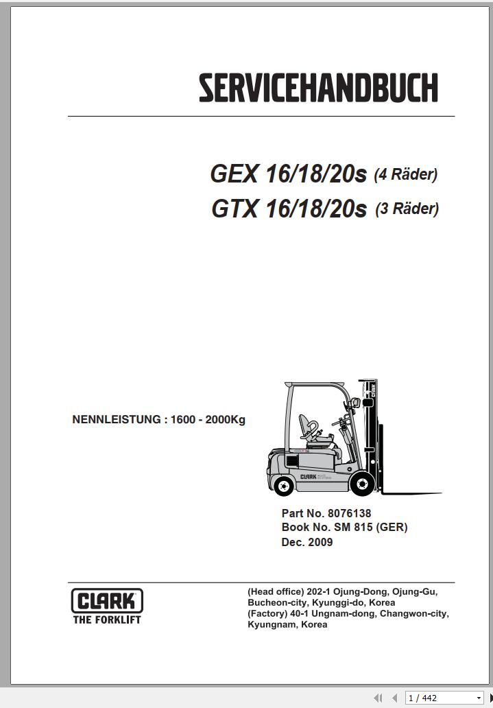 Clark Forklift GTX 16 18 20s 3 Wheels Service Manual 8076138 SM 815 12.2009 DE