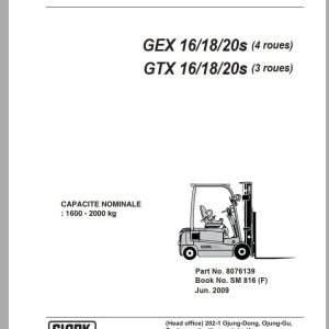 Clark Forklift GTX 16 18 20s 3 Wheels Service Manual 8076139 SM 816 12.2009 FR