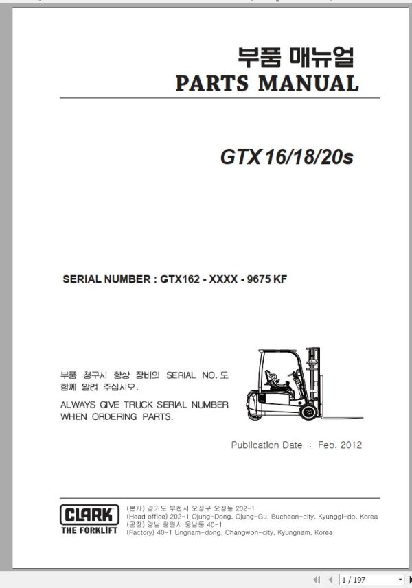 Clark Forklift GTX 16 18 20s GTX162 9675 KF Parts Manual 02.2012 EN KR