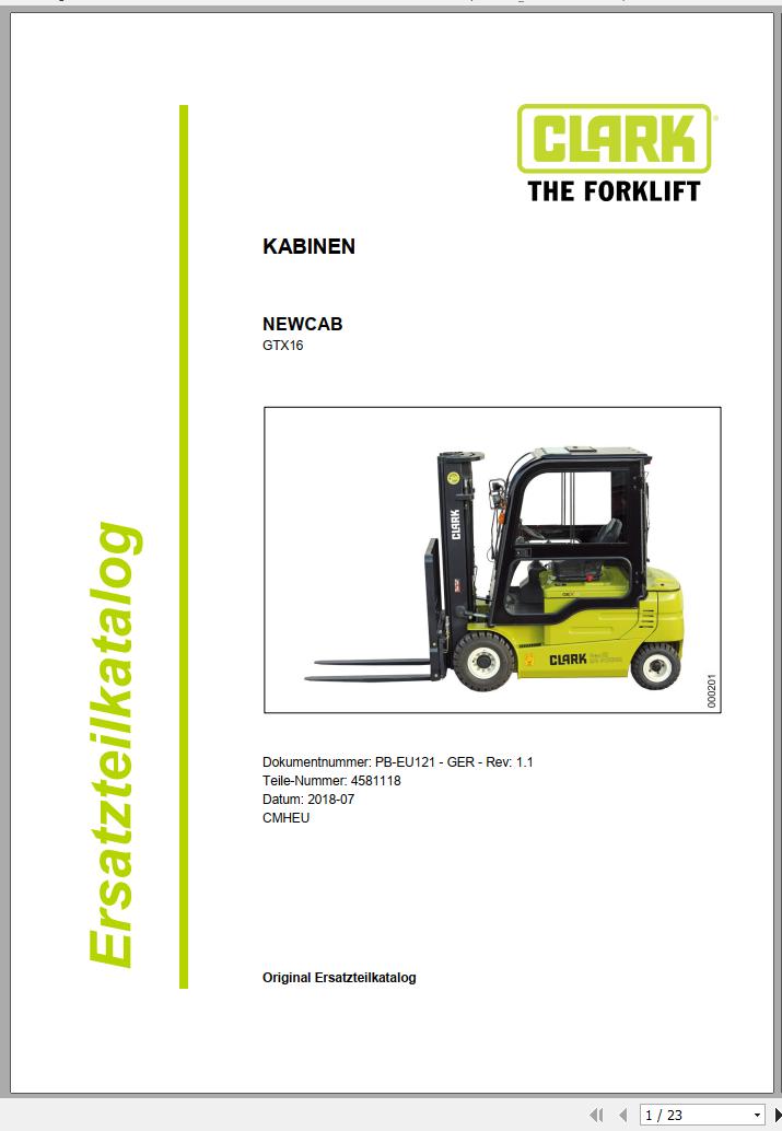 Clark Forklift GTX16 Cabin Parts Manual 4581118 PB EU121 07.2018 DE