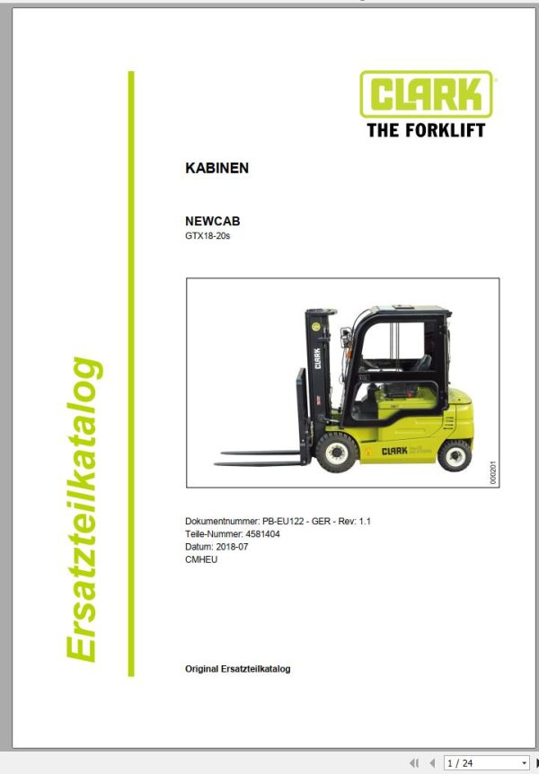 Clark Forklift GTX18 GTX20s Cabin Parts Manual 4581404 PB EU122 07.2018 DE