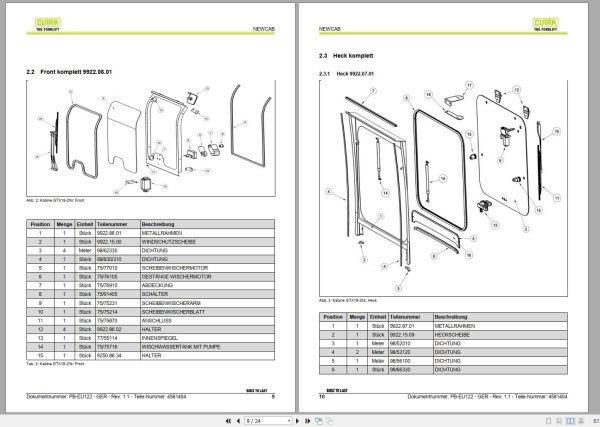 Clark Forklift GTX18 GTX20s Cabin Parts Manual 4581404 PB EU122 07.2018 DE 1